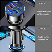 6-Port Fast Car Charger | 66W USB + Type-C Adapter with LED Display | QC3.0 + PD