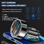 6-Port Fast Car Charger | 66W USB + Type-C Adapter with LED Display | QC3.0 + PD